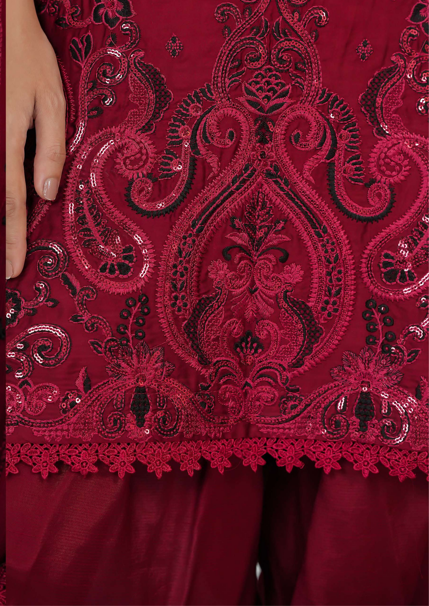 Shanse Silk Embroidered 3PCS Ready-to-Wear Farshi Shalwar | Maroon