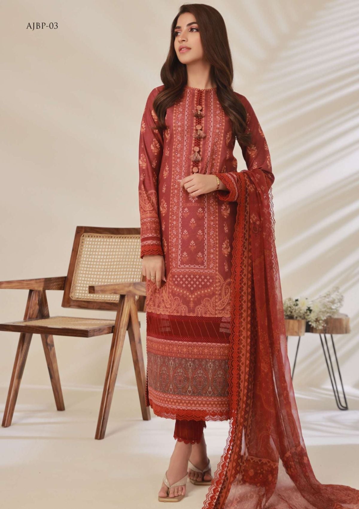 Asim Jofa-Printed Lawn-3pcs-maroon AJ-BP-03 - Mirha Fashion