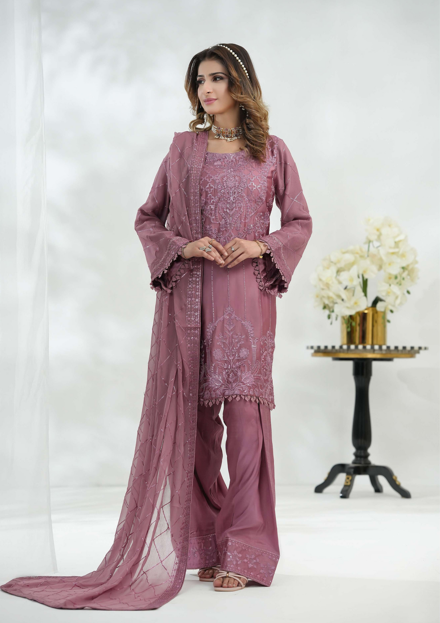 Shanse Silk Embroidered 3PCS Ready-to-Wear Farshi Shalwar | Tea Pink