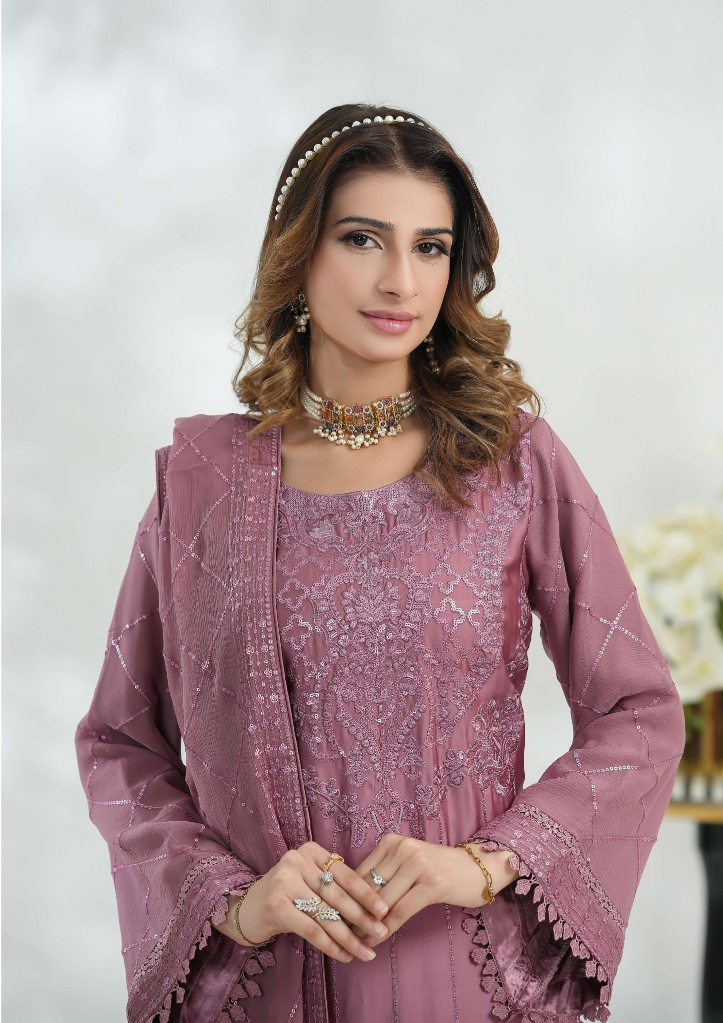 Shanse Silk Embroidered 3PCS Ready-to-Wear Farshi Shalwar | Tea Pink