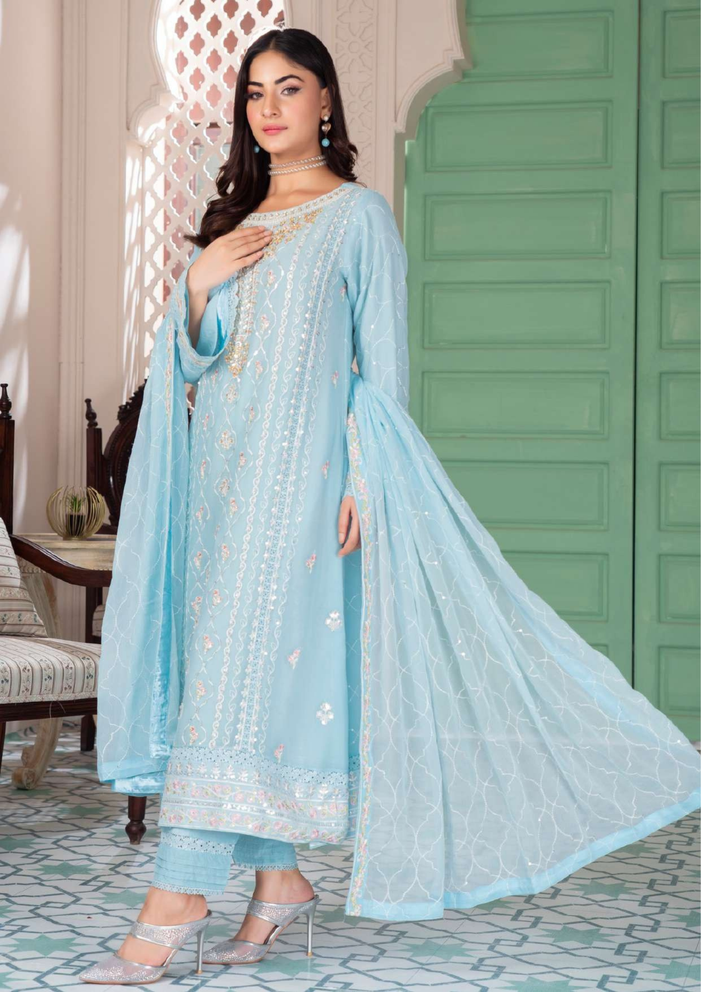 Agha Noor Shehnai Chiffon Ready to Wear Handwork Collection 25 | Sky Blue