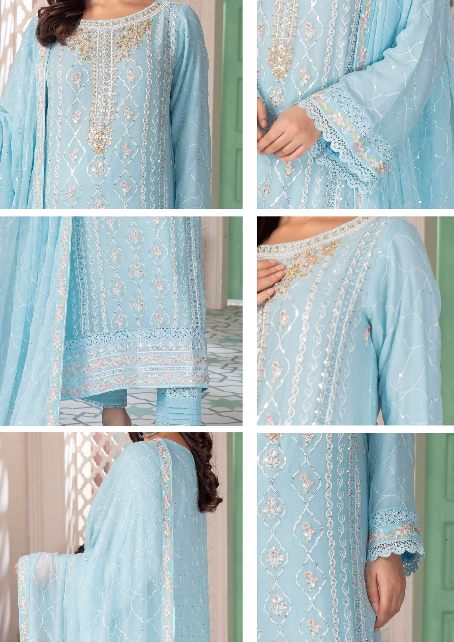 Agha Noor Shehnai Chiffon Ready to Wear Handwork Collection 25 | Sky Blue
