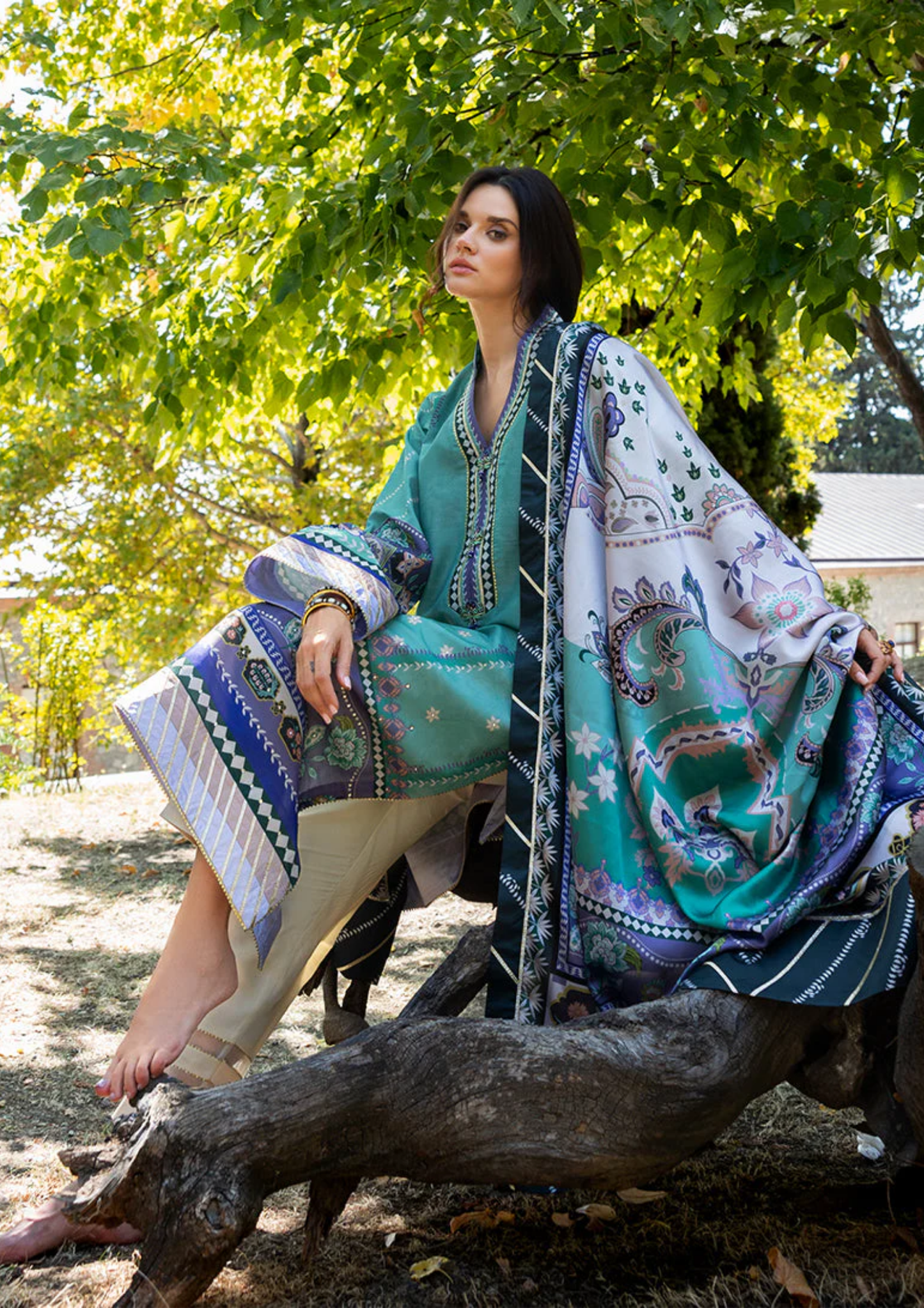 Mushq Hemline Nirvana Printed Silk Unstitched Collection | Lunar Dew