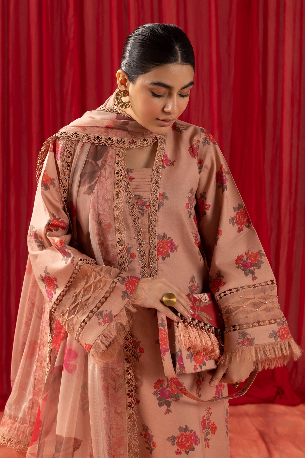 Alizeh Lawn Collection| Shein Print 2024-CORAL PEACH - Mirha Fashion