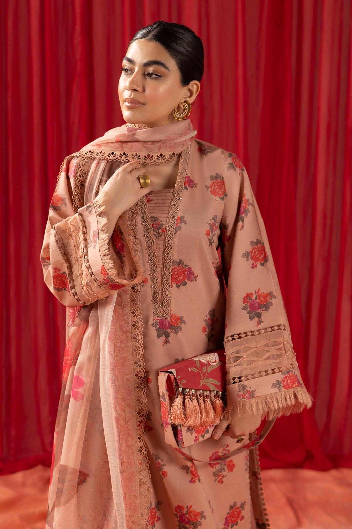 Alizeh Lawn Collection| Shein Print 2024-CORAL PEACH - Mirha Fashion