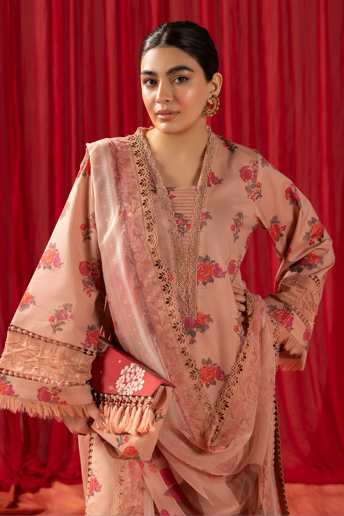 Alizeh Lawn Collection| Shein Print 2024-CORAL PEACH - Mirha Fashion