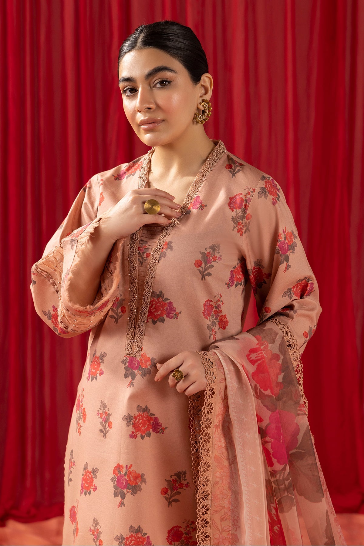 Alizeh Lawn Collection| Shein Print 2024-CORAL PEACH - Mirha Fashion
