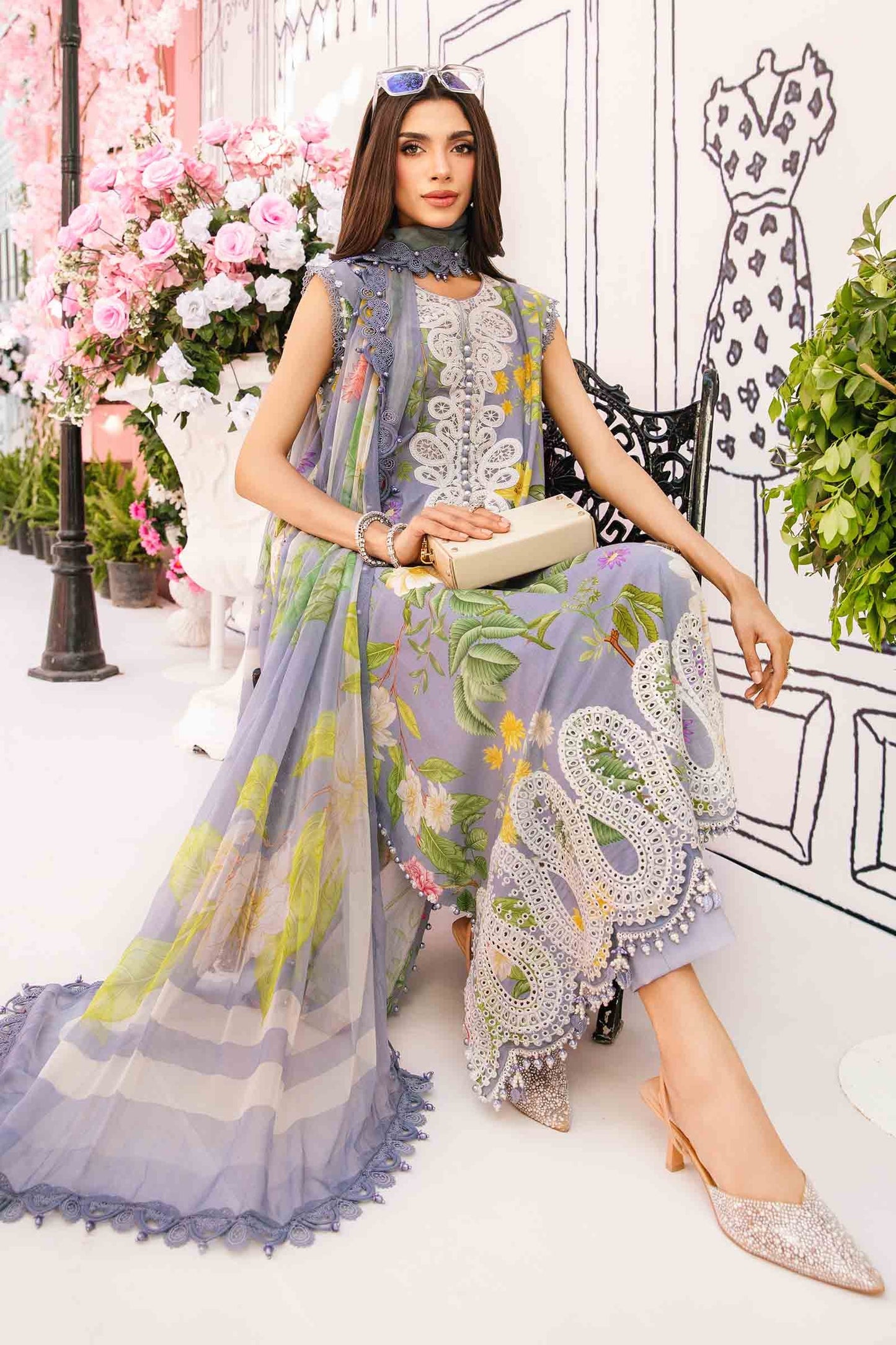 Maria B MPrints- 3 Piece Unstitched Embroidered Lawn Suit | MPT-4-A