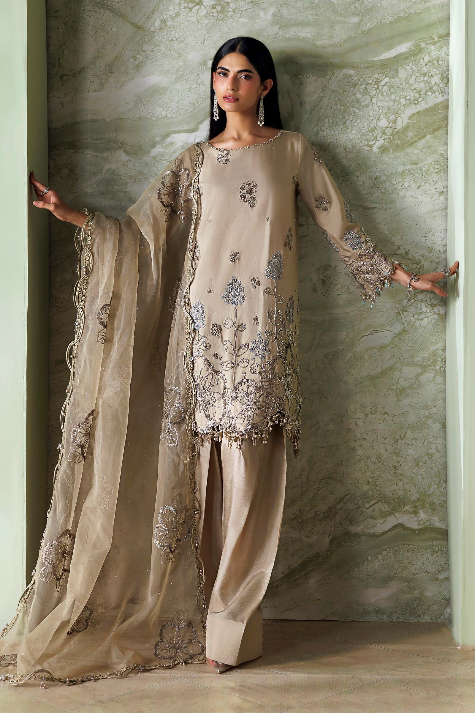 Maria B Soiree Unstitched Collection 2026 | SR-01-01-Champagne Beige