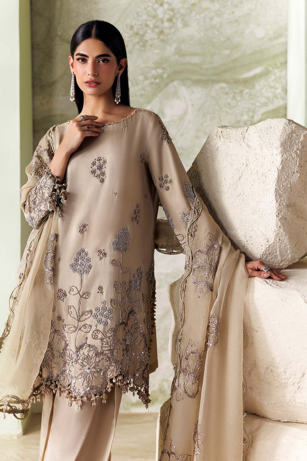 Maria B Soiree Unstitched Collection 2026 | SR-01-01-Champagne Beige