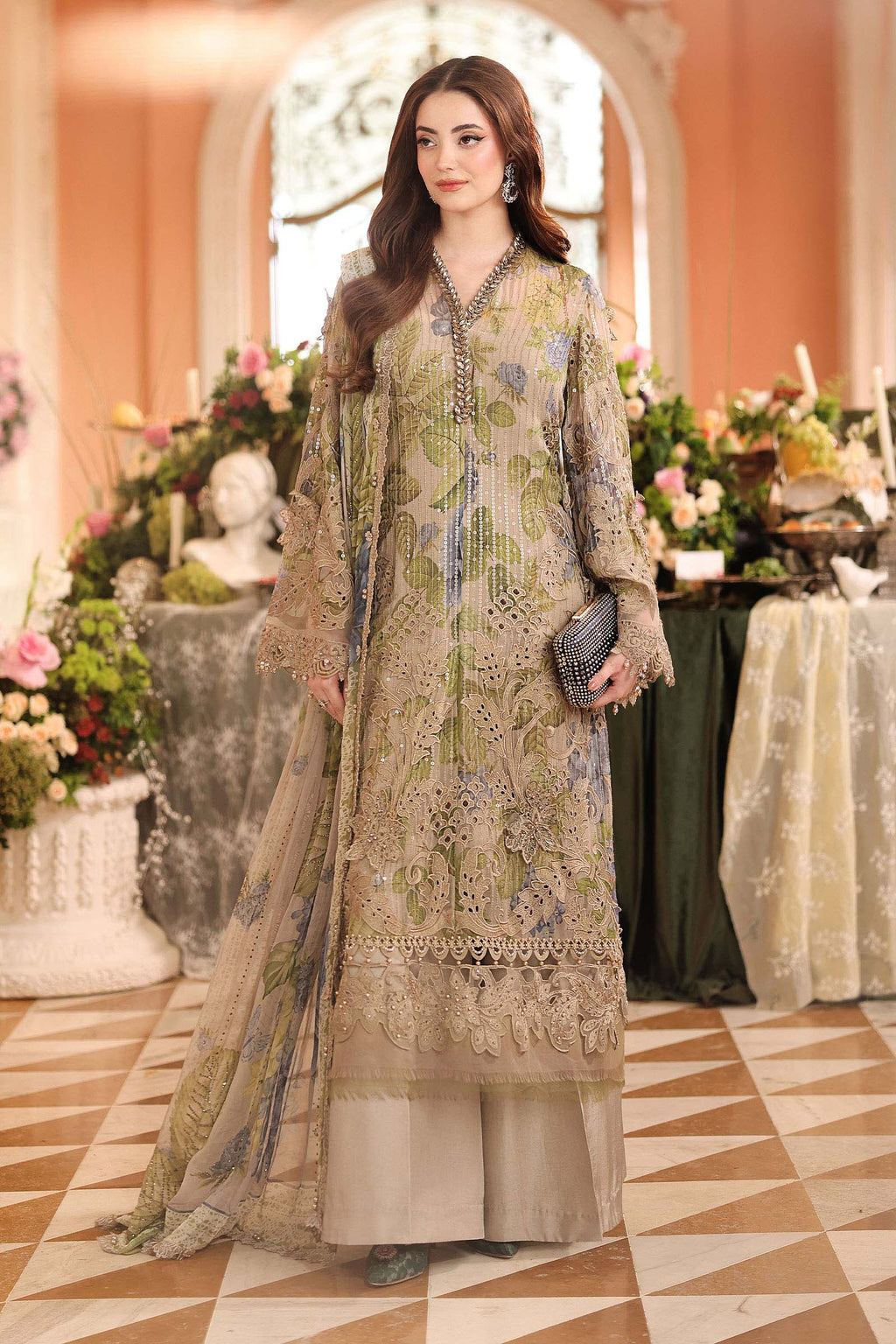 Maria B Chiffon Unstitched  Collection  2026 | MPC-26-203-Warm Beige