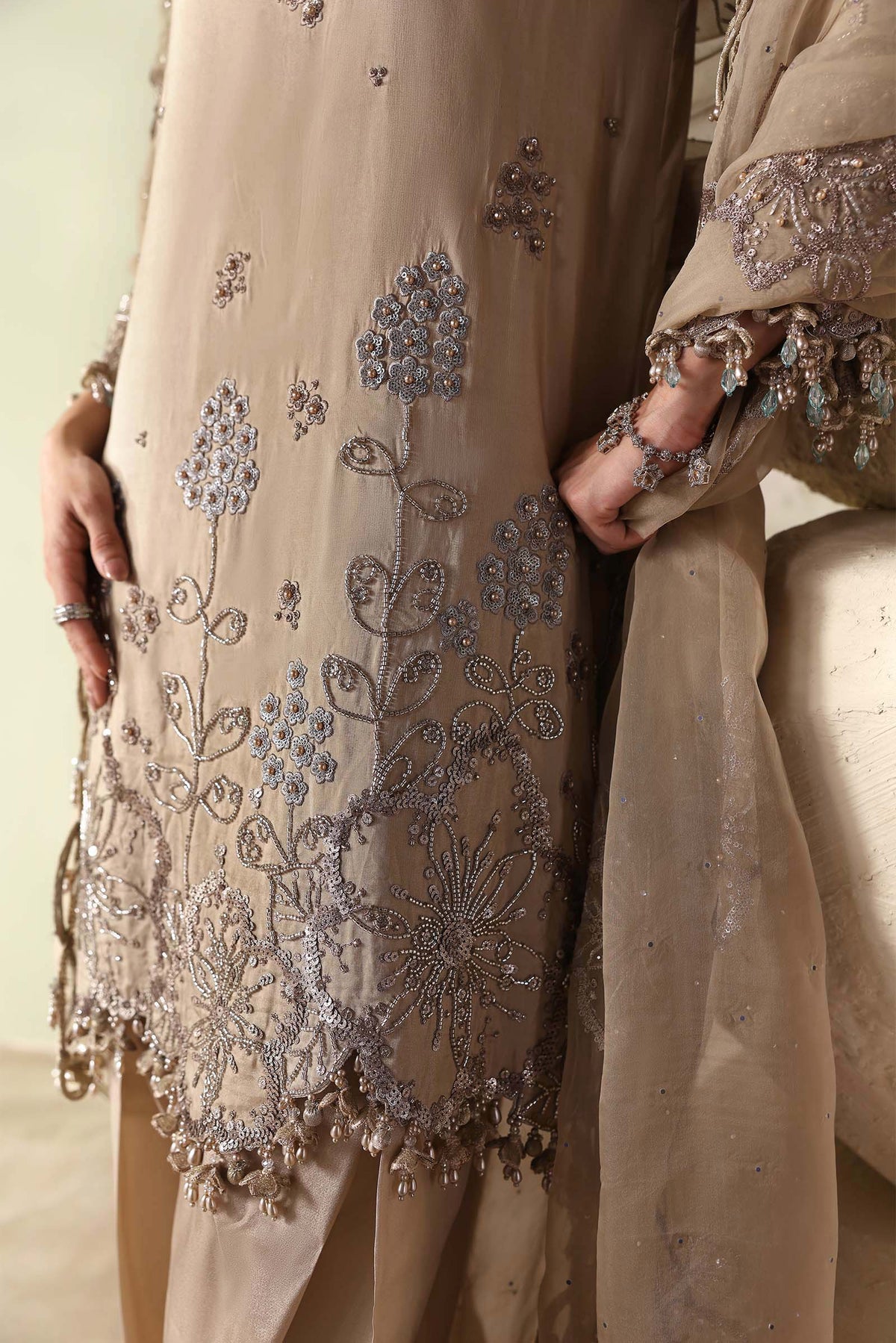 Maria B Soiree Unstitched Collection 2026 | SR-01-01-Champagne Beige