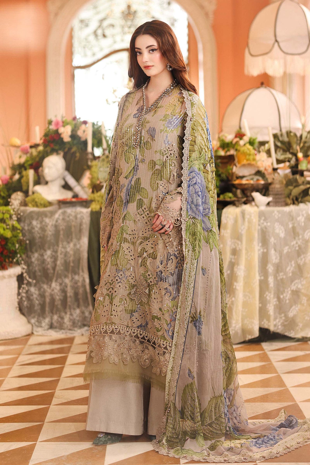Maria B Chiffon Unstitched  Collection  2026 | MPC-26-203-Warm Beige