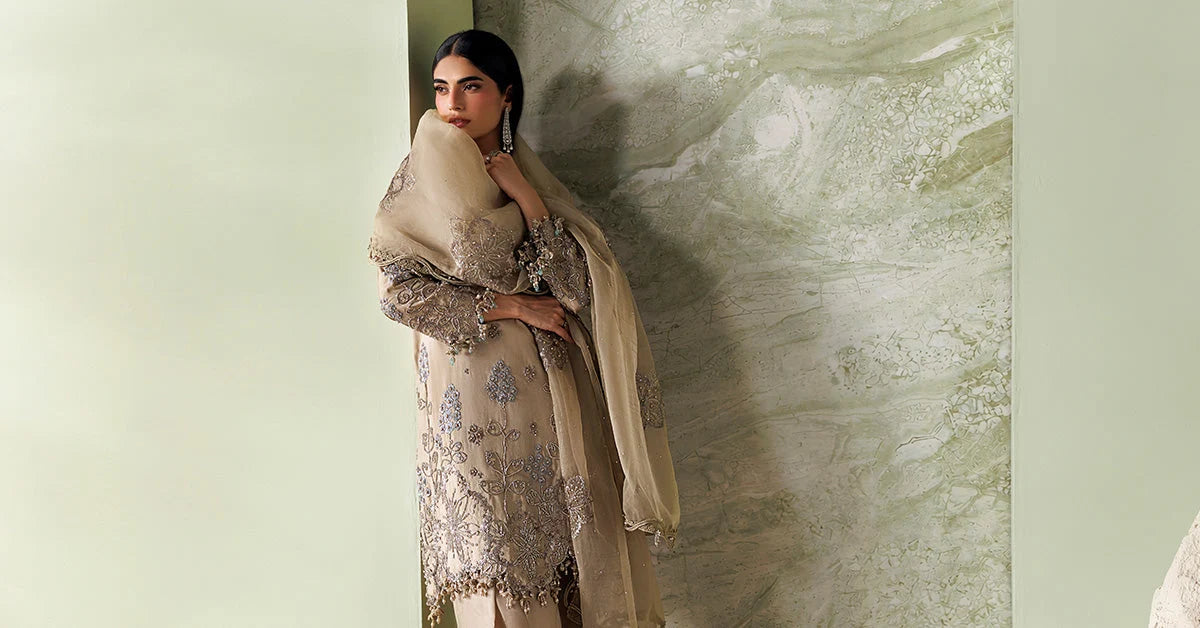 Maria B Soiree Unstitched Collection 2026 | SR-01-01-Champagne Beige
