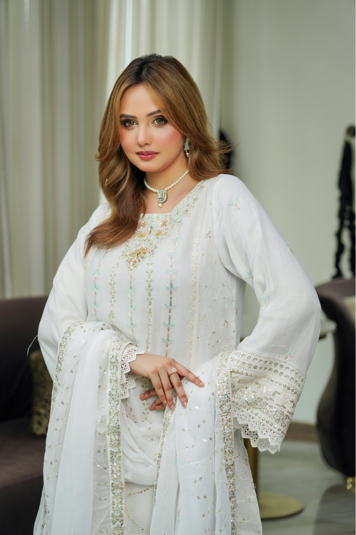 Agha Noor Shein Chiffon Ready to Wear Collection 2026 | White