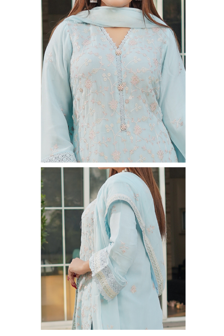 Aghanoor Dhaagakari Chiffon 3PCS Ready to Wear Collection | Sky Blue - Mirha Fashion