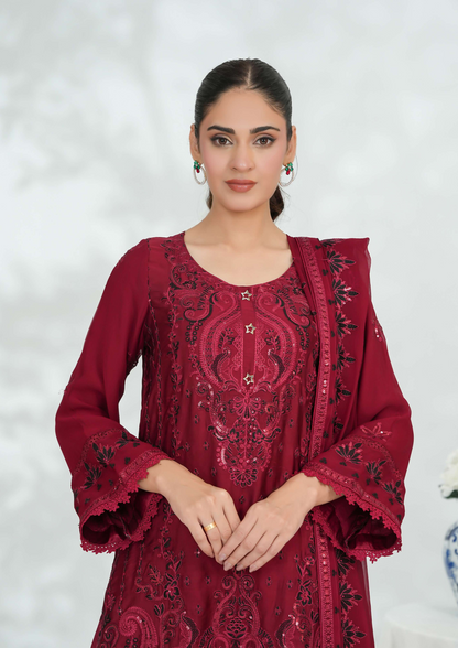 Shanse Silk Embroidered 3PCS Ready-to-Wear Farshi Shalwar | Maroon