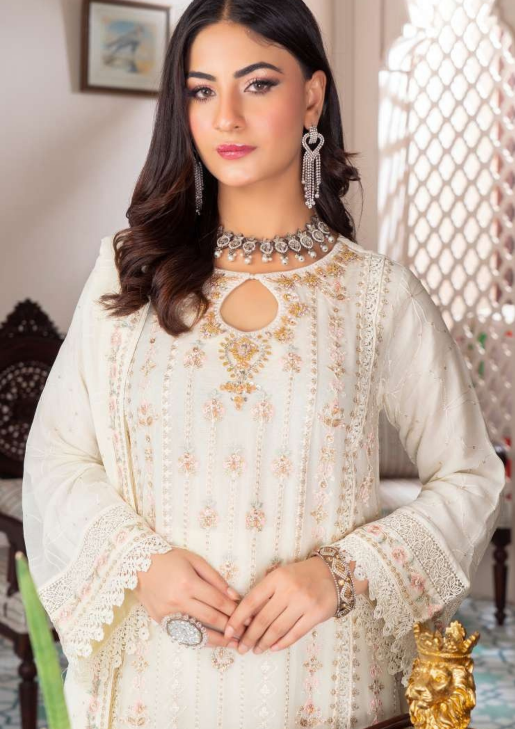 Agha Noor Shehnai Chiffon Ready to Wear Handwork Collection 25 | White - Mirha Fashion