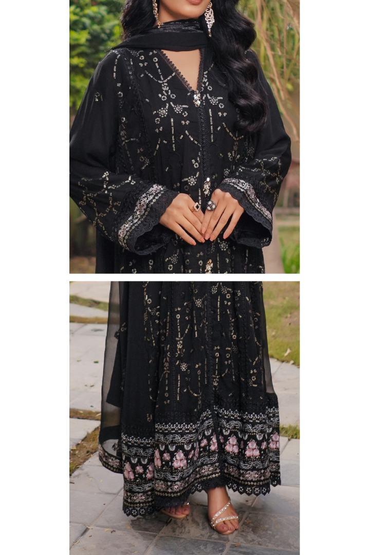Aghanoor Afsanaay Chiffon Gown 3PCS Ready to Wear Collection | Black