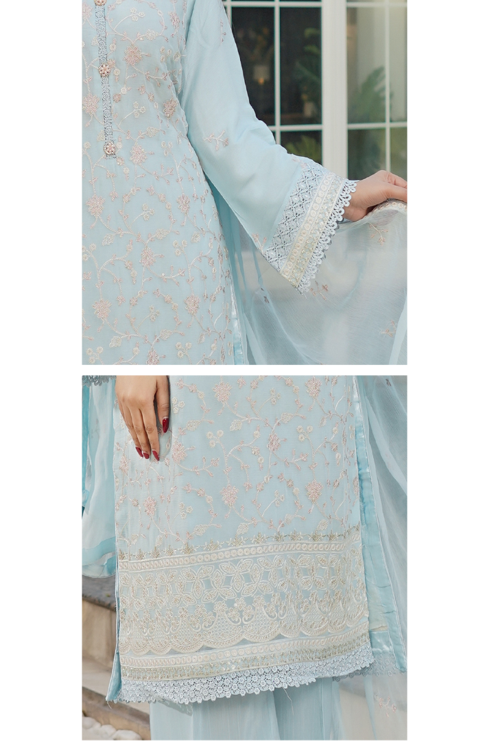 Aghanoor Dhaagakari Chiffon 3PCS Ready to Wear Collection | Sky Blue - Mirha Fashion