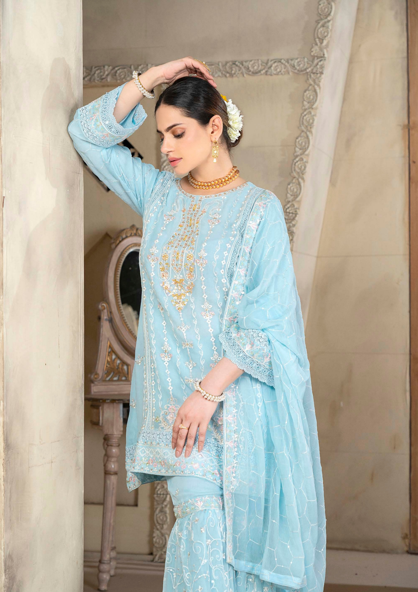 Agha Noor Chiffon Gharara Roshni Ready to Wear Collection 2025 D03 | Sky Blue