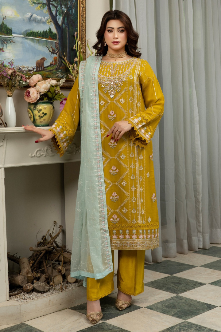 Agha Noor Qurbat Chiffon Handwork Ready to Wear Collection 2026 | Yellow - Mirha Fashion