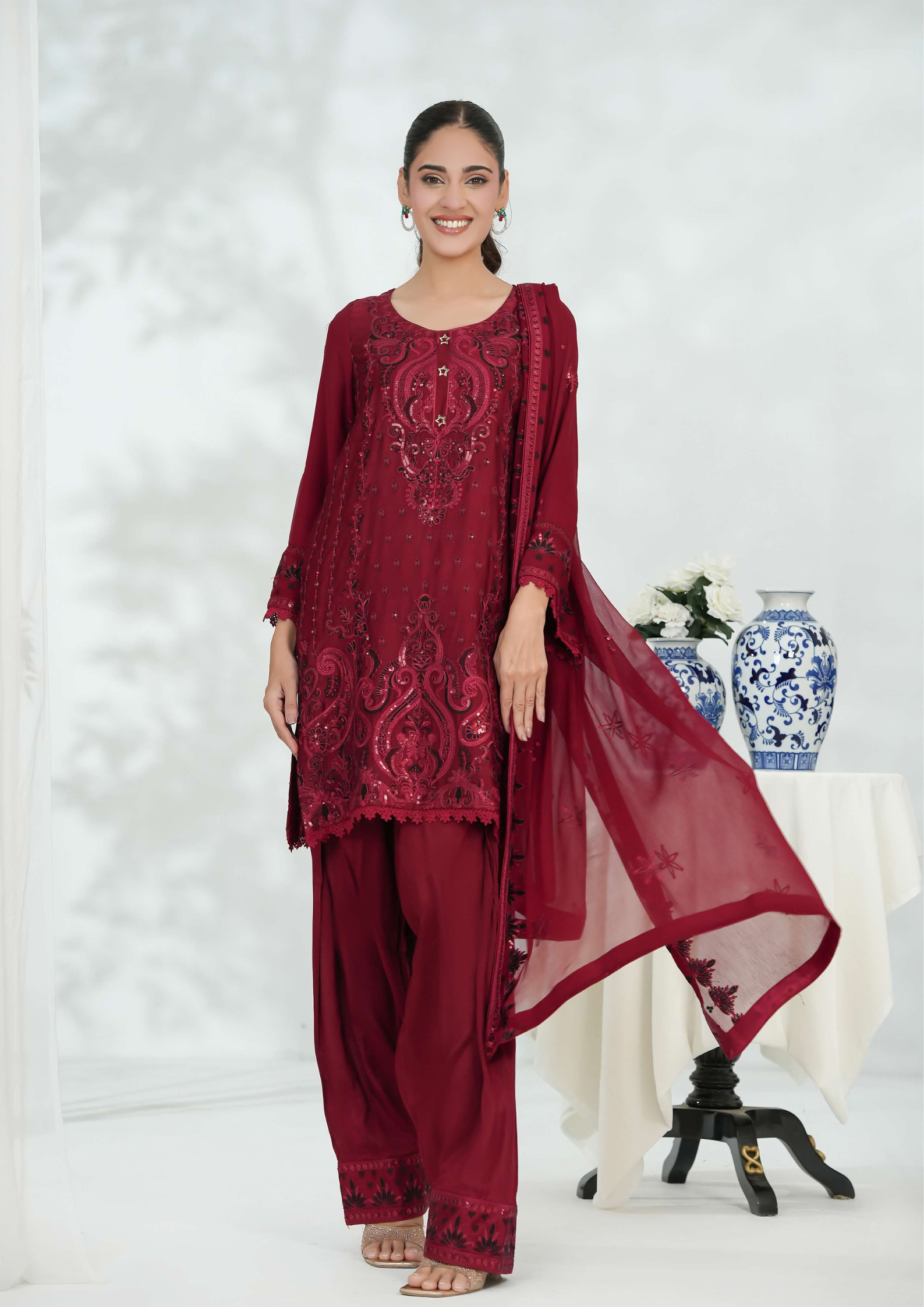 Shaanse Silk Embroidered 3PCS Ready-to-Wear Farshi Shalwar | Maroon