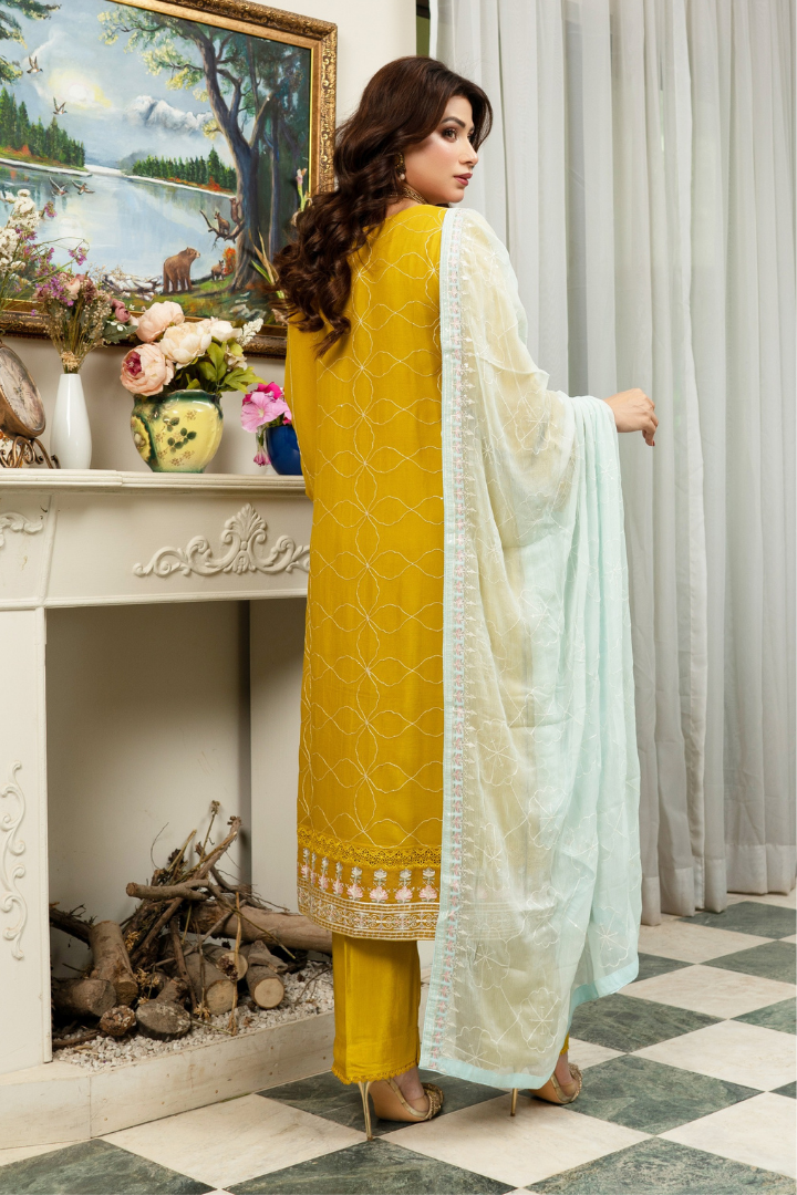 Agha Noor Qurbat Chiffon Handwork Ready to Wear Collection 2026 | Yellow - Mirha Fashion