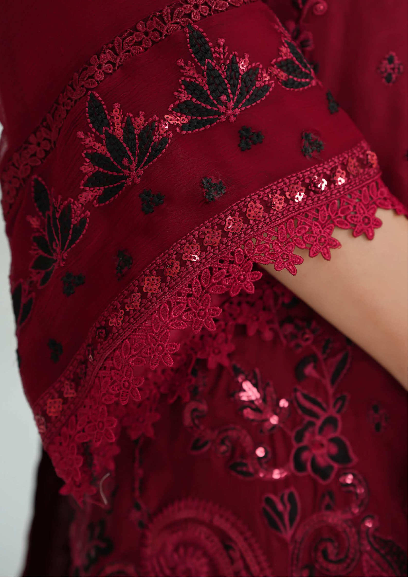 Shaanse Silk Embroidered 3PCS Ready-to-Wear Farshi Shalwar | Maroon