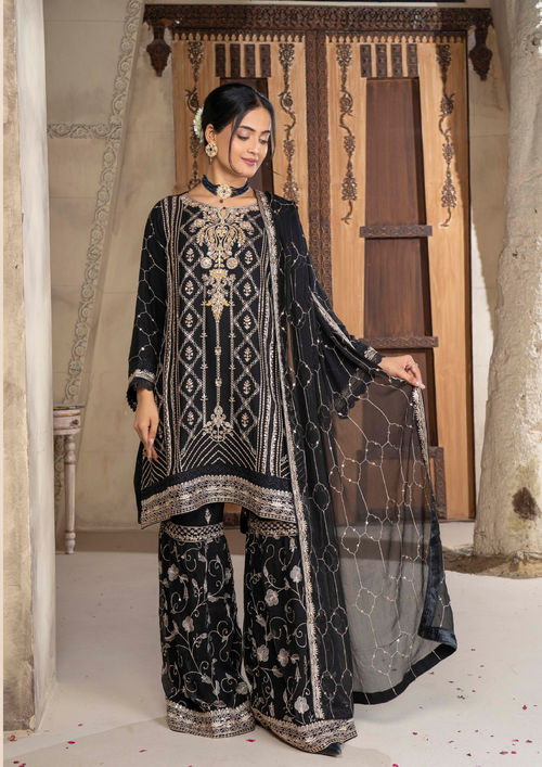 Agha Noor Chiffon Gharara Roshni Ready to Wear Collection 2025 D05 | Black - Mirha Fashion