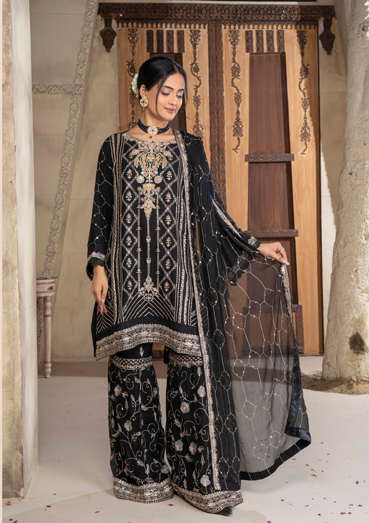 Agha Noor Chiffon Gharara Roshni Ready to Wear Collection 2025 D05 | Black