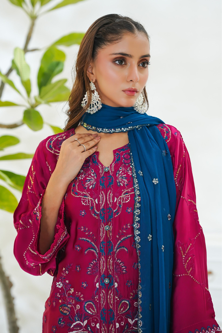 Shaanse Mehroo Cotton Silk 3PCS Ready to Wear Collection Jan-26 | Shocking Pink - Mirha Fashion