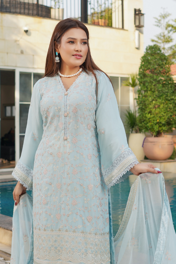 Aghanoor Dhaagakari Chiffon 3PCS Ready to Wear Collection | Sky Blue - Mirha Fashion