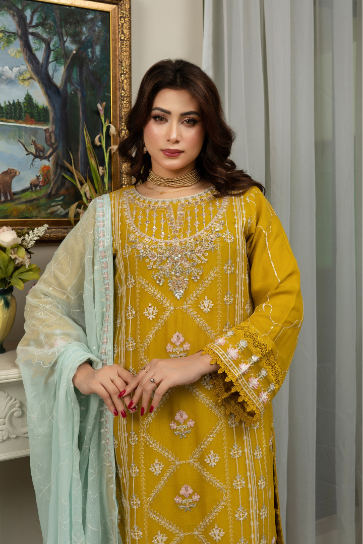 Agha Noor Qurbat Chiffon Handwork Ready to Wear Collection 2026 | Yellow - Mirha Fashion