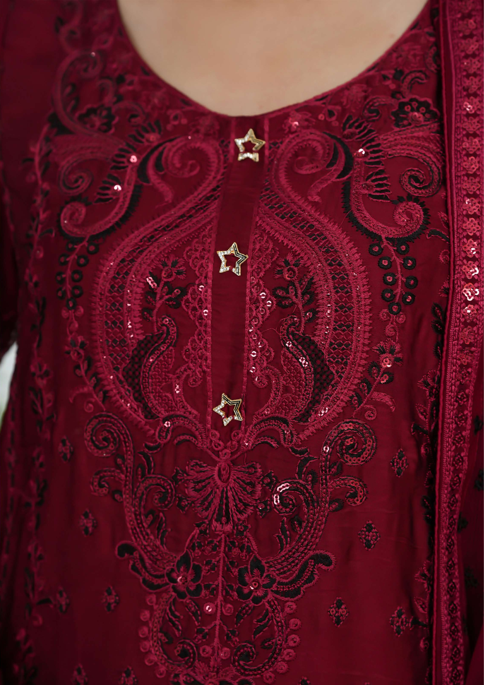 Shaanse Silk Embroidered 3PCS Ready-to-Wear Farshi Shalwar | Maroon