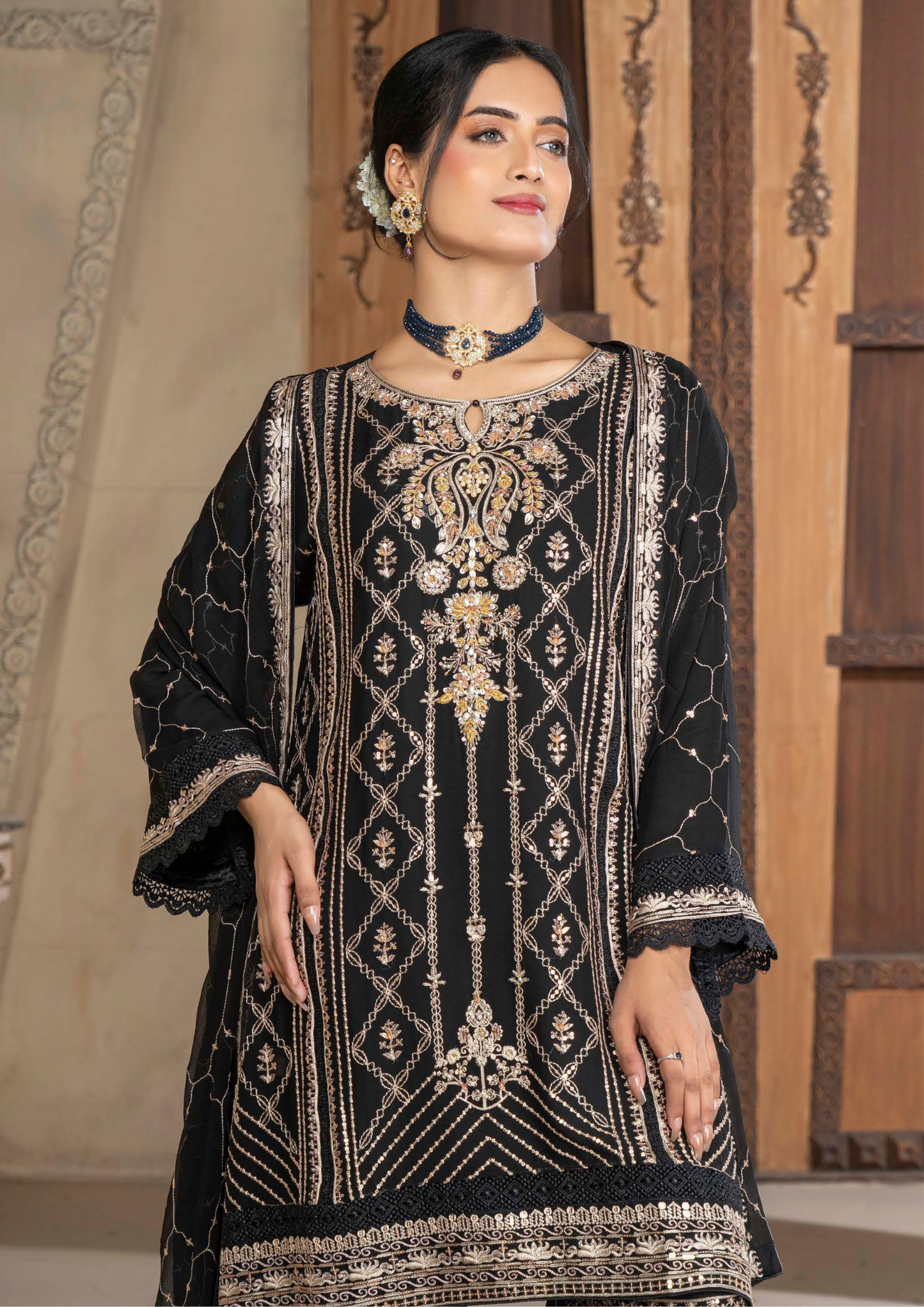 Agha Noor Chiffon Gharara Roshni Ready to Wear Collection 2025 D05 | Black