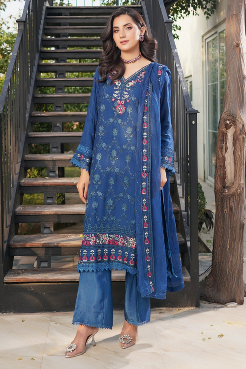 Aghanoor Dhaagakari Chiffon 3PCS Ready to Wear Collection | Blue - Mirha Fashion