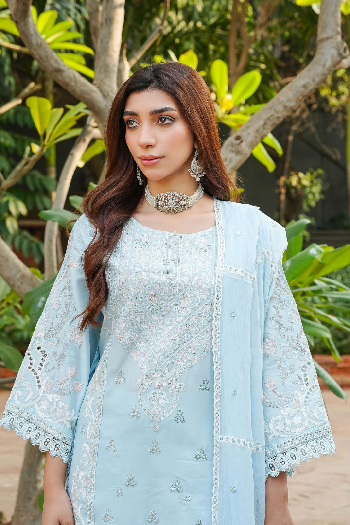 Shaanse Cyra Cotton Silk 3PCS Ready to Wear Collection Dec-2025 | Sky Blue