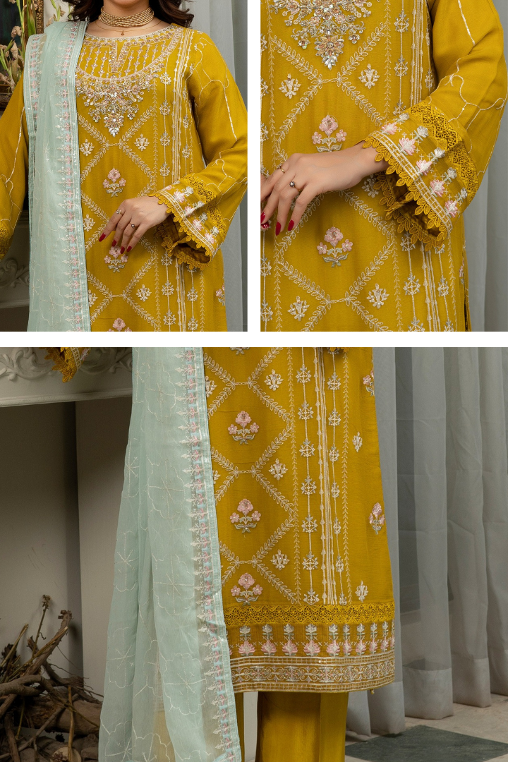 Agha Noor Qurbat Chiffon Handwork Ready to Wear Collection 2026 | Yellow - Mirha Fashion