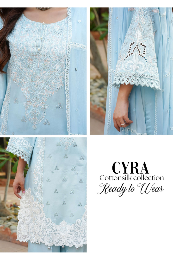 Shaanse Cyra Cotton Silk 3PCS Ready to Wear Collection Dec-2025 | Sky Blue
