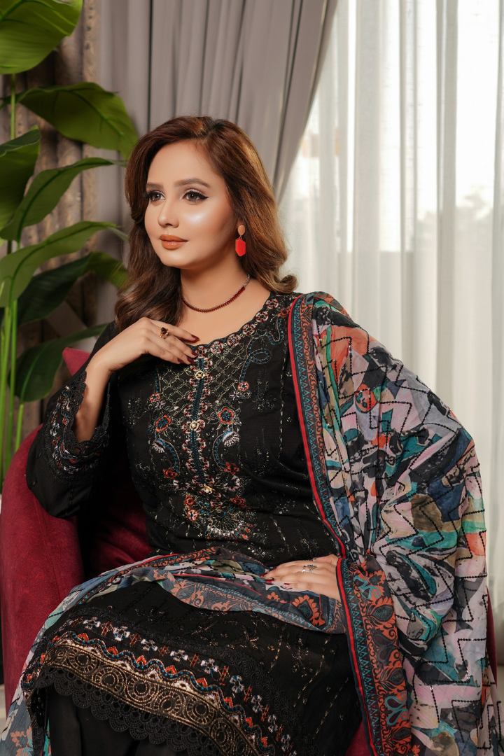 Shaanse Pehlinazar Cotton 3PCS Ready to Wear Collection Dec-2025 | Black - Mirha Fashion