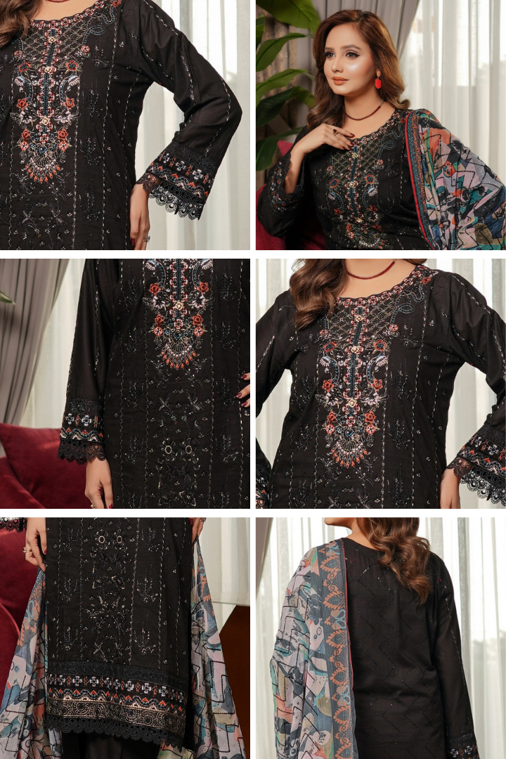 Shaanse Pehlinazar Cotton 3PCS Ready to Wear Collection Dec-2025 | Black - Mirha Fashion