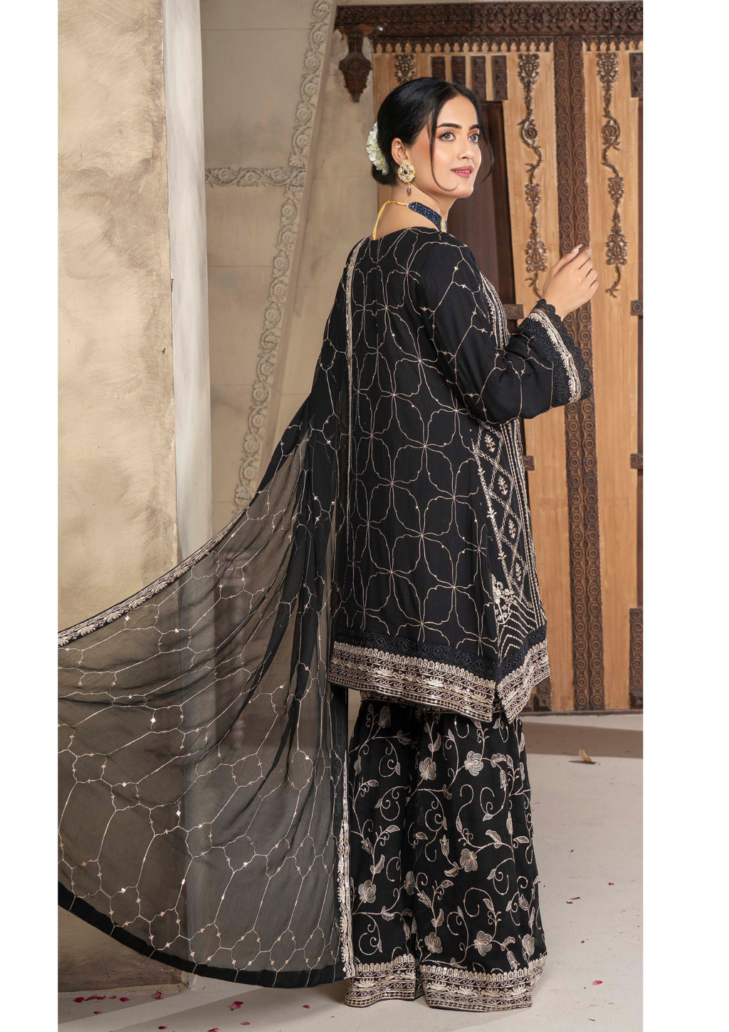 Agha Noor Chiffon Gharara Roshni Ready to Wear Collection 2025 D05 | Black