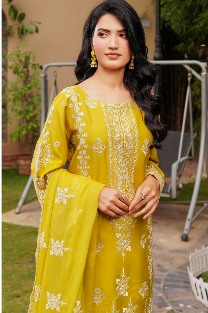 Shaanse Cyra Vol-2 Cotton Silk 3PCS Ready to Wear Collection Jan-26 | Yellow - Mirha Fashion