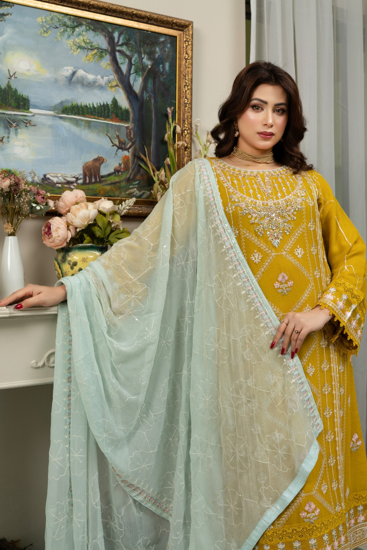 Agha Noor Qurbat Chiffon Handwork Ready to Wear Collection 2026 | Yellow - Mirha Fashion
