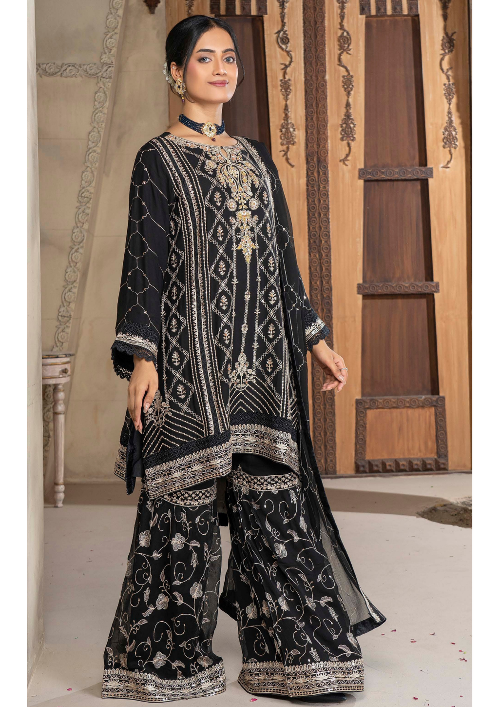 Agha Noor Chiffon Gharara Roshni Ready to Wear Collection 2025 D05 | Black