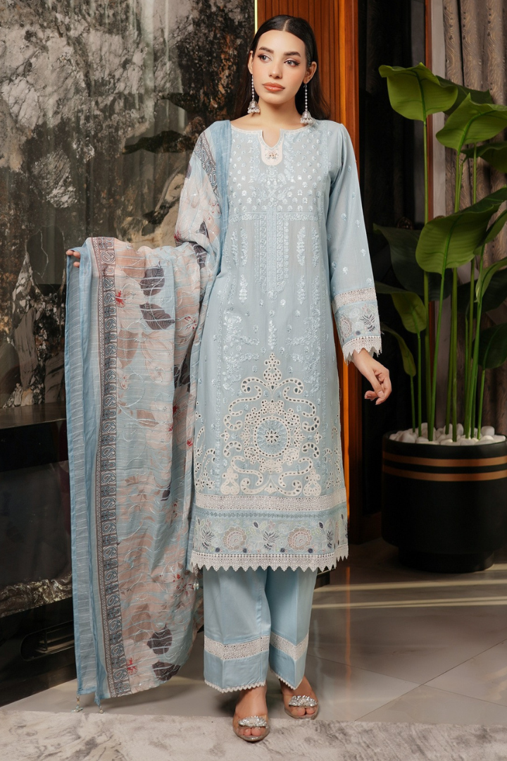 Shaanse Pehlinazar Cotton 3PCS Ready to Wear Collection Dec-2025 | Sky Blue