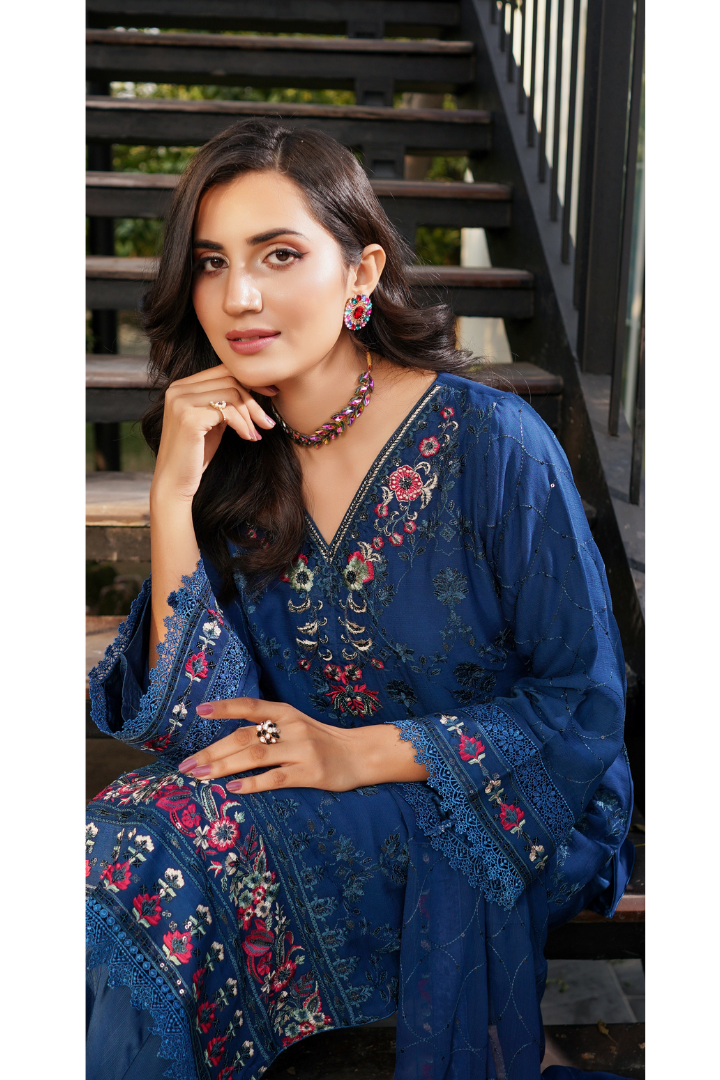Aghanoor Dhaagakari Chiffon 3PCS Ready to Wear Collection | Blue