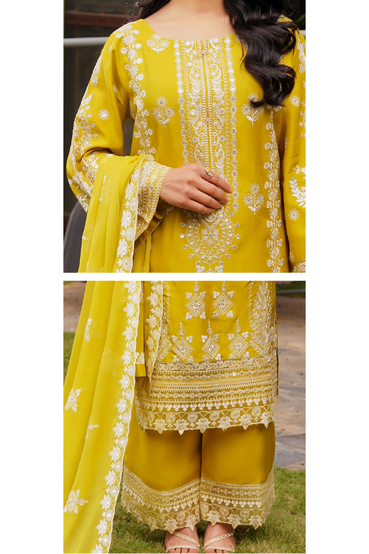 Shaanse Cyra Vol-2 Cotton Silk 3PCS Ready to Wear Collection Jan-26 | Yellow - Mirha Fashion