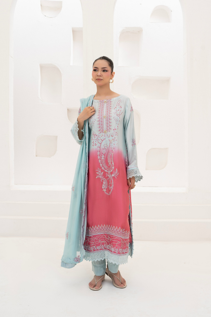 Shaanse Luxury Ombre Silk Ready to Wear Collection 2026 | Sky Blue Pink